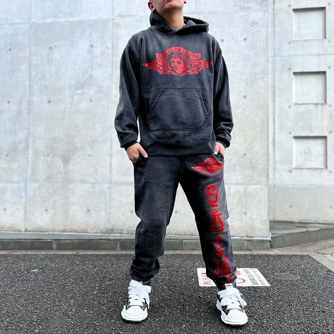 SAINT Mxxxxxx ANGEL HOODIE/BLK Angel Rebirth Crack Printed Retro Distressed Hoodie Assute dyeing, full-length spray-on fade, heavy fermentation wash, NEW VINTAGE texture, factory four-needle and six-thread workmanship, boneless patchwork, more comfortable to wear, genuine level crack print/accessories restored